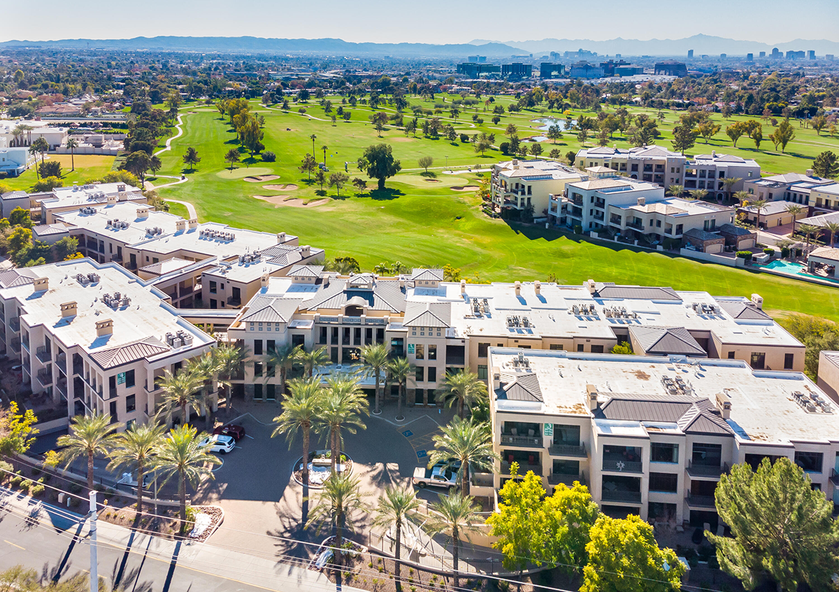 Aerial view of Fairway Lodge at the Arizona Biltmore overlooking the championship golf course and Camelback East area in Phoenix, Arizona.